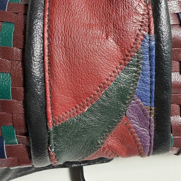 Vintage 80s Crazy Quilt Patchwork Leather Woven Detail Triple Entry Shoulder Bag - Picture 8 of 15
